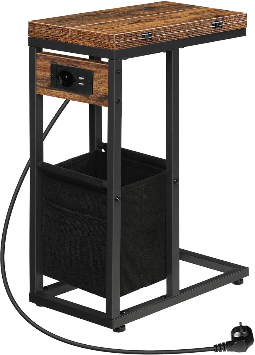 Trankielo Multifunctionele Bijzettafel met Geïntegreerd Laadstation – C-Vormig Design – Inklapbaar Tafelblad – Extra Opbergruimte met Stoffen Tas – Vintage Bruin & Zwart Zwart bruin