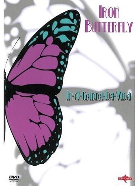 Een paarse vlinder met zwarte en turquoise stippen, links op de hoes. "Iron Butterfly - In-A-Gadda-Da-Vida" staat erop.
