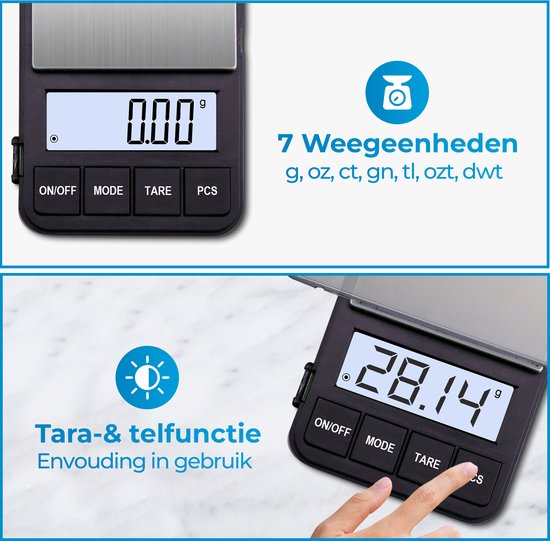 Balance numérique avec écran 0,00g, boutons ON/OFF, MODE, TARE, PCS. Fonction Tare & comptage.