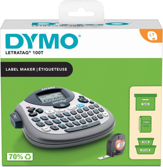 Doos van de DYMO LetraTag 100T labelmaker met een zilverkleurige labelmaker en groene opbergbox-illustraties.