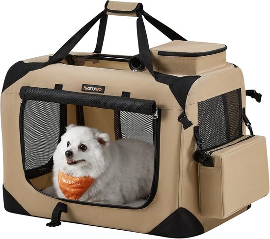Hondenbox opvouwbaar, transportbox voor honden, M, hondentas, Oxford-stof, ademend draagbaar, draagbaar, metalen frame, met handgrepen, tassen, 60 x 42 x 42 cm, camelbruin — foto 1