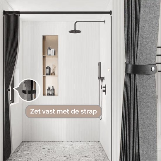 Opvouwbaar douchegordijn, linnen, waterdicht, schimmelbestendig, met intrekbare douchegordijnstang, L/U-vorm, zonder boren, douchegordijnstang voor badkuip (D-beige, 163 cm