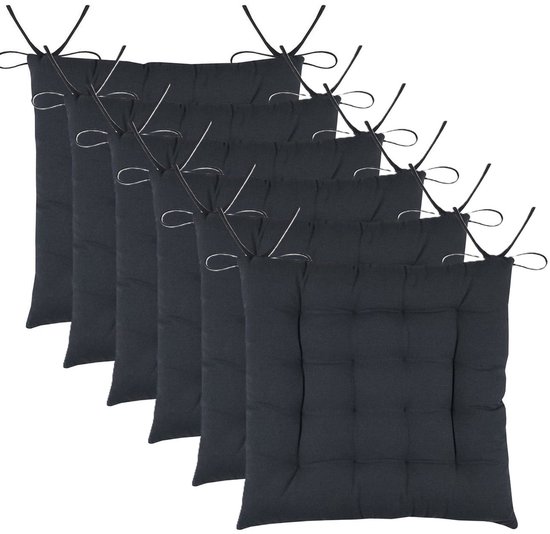 Coussins de chaise en tissu DUO - 6x - anthracite - 38 x 38 x 3,5 cm - fermeture par cordon - coussins d'assise - intérieur/extérieur