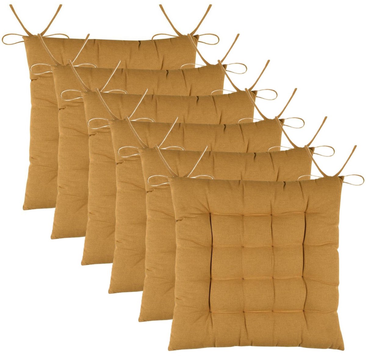 Stof Textile stoelkussens DUO - 6x - okergeel - 38 x 38 x 3.5 cm - touwtjes sluiting - zitkussens - binnen/buiten