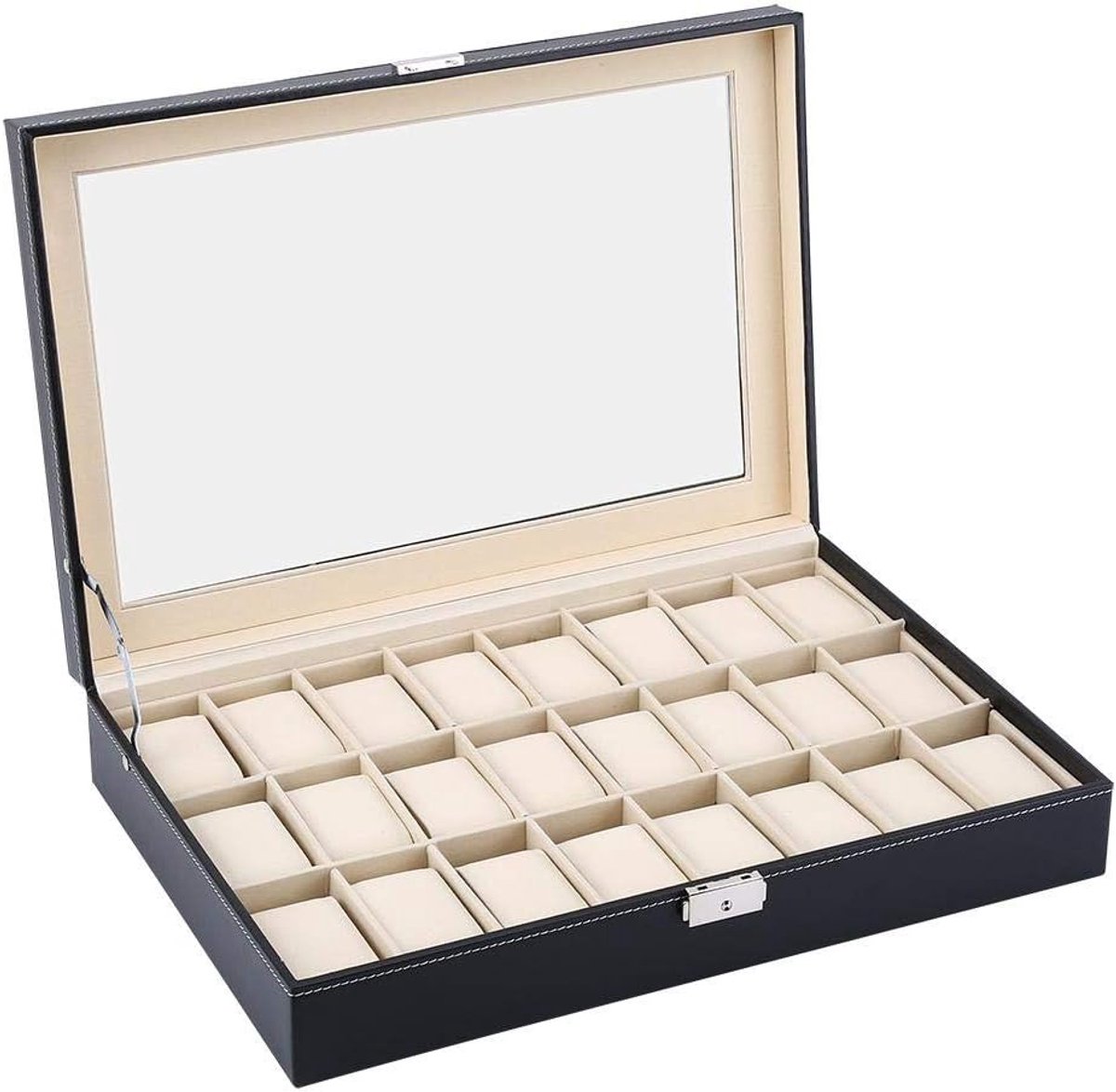 Horlogebox met deksel, 24 horlogekast, horlogedoos PU-lederen tas voor herenhorloge - zwart