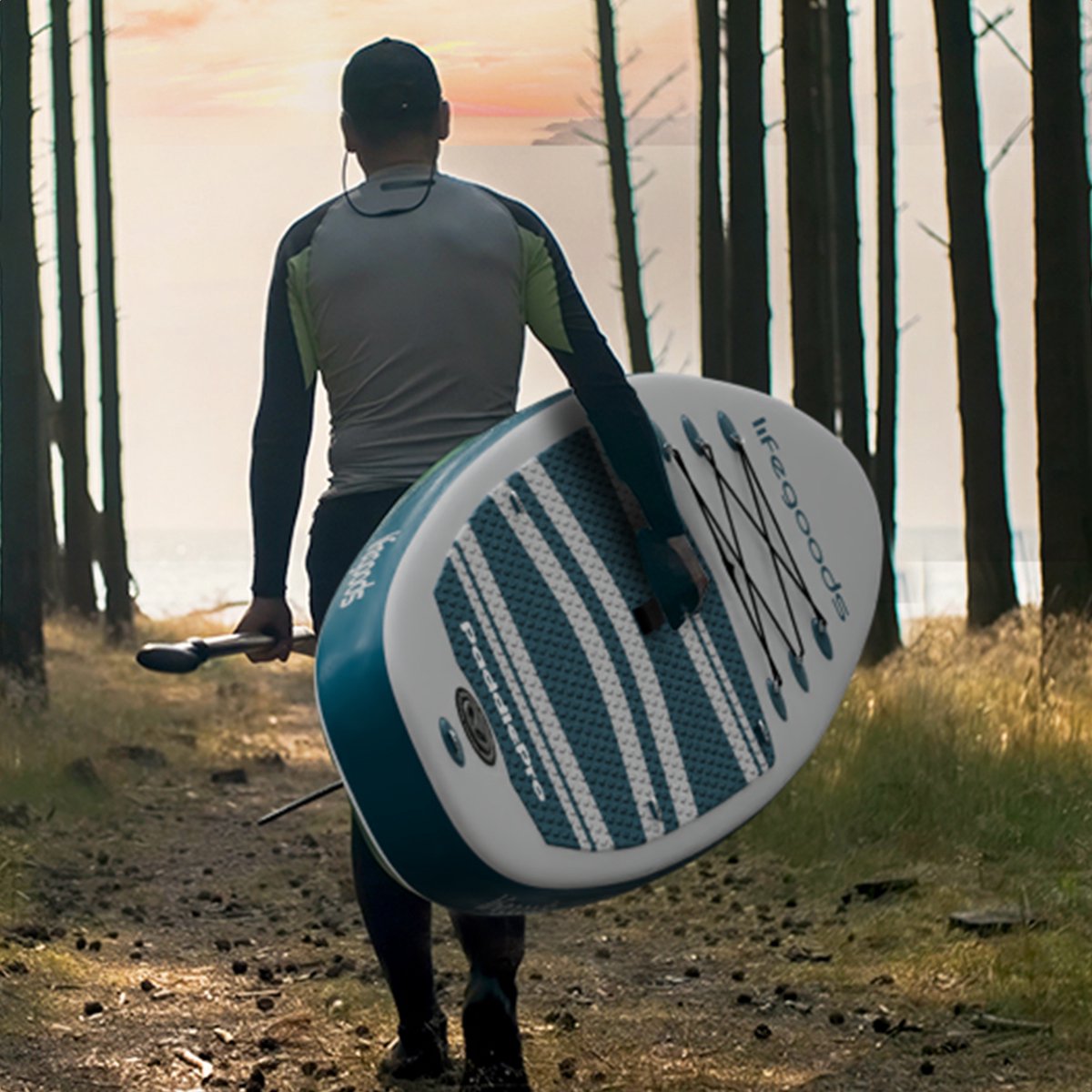 LifeGoods PaddlePro SUP Board - met Zitje - Opblaasbaar Paddle Board - Complete Set - Max. 150KG - 320x81cm - Wit/Deep Aqua – foto 8