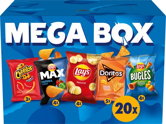 Lay's Chips Mega Box Mix - Paprika, Naturel & Nacho Cheese - Doos 534 gram bevat 20 uitdeelzakjes