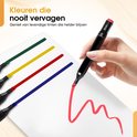Quatre lignes colorées (vert, jaune, rouge, bleu) et une main dessinant sur du papier avec un marqueur rouge.