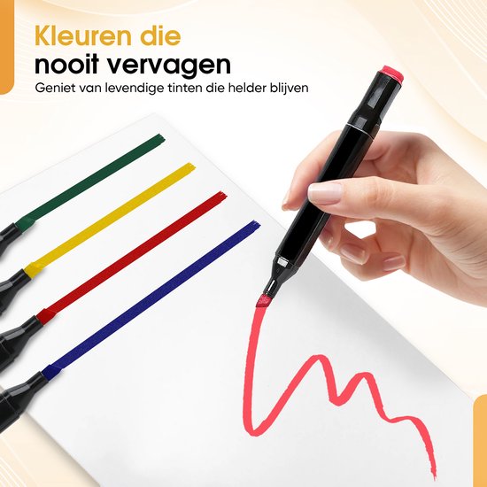 Quatre lignes colorées (vert, jaune, rouge, bleu) et une main dessinant sur du papier avec un marqueur rouge.