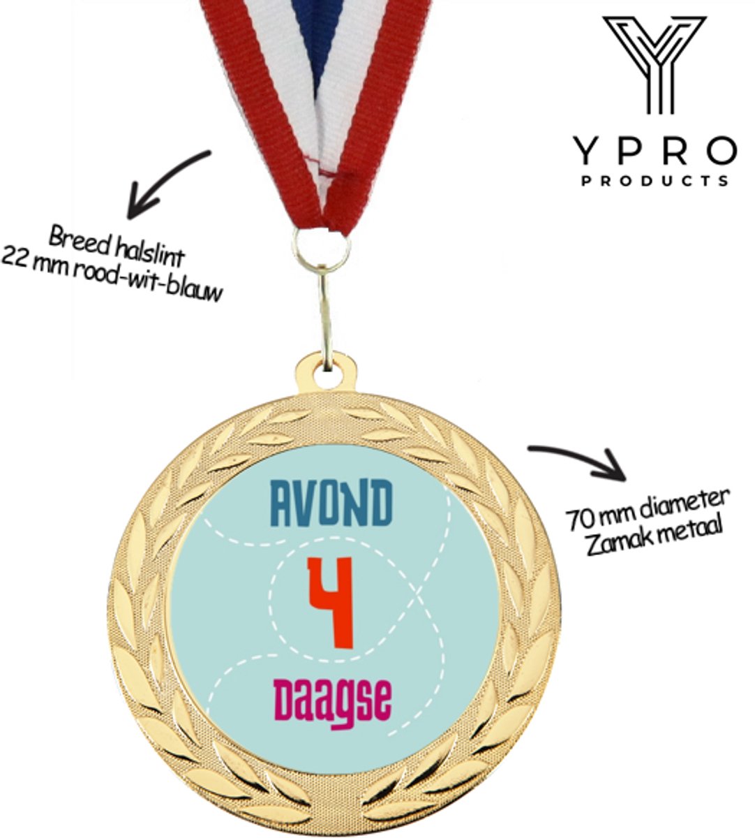 Avond 4 Daagse Medaille metaal - goudkleurig - wandelen - inclusief halslint