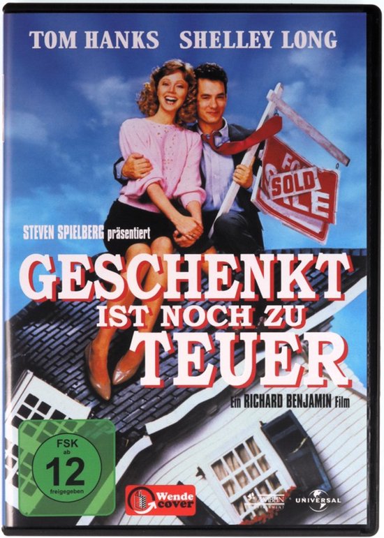 Filmcover: Tom Hanks en Shelley Long zitten op een huis met een 'Te Koop' bord. 'Geschenkt ist noch zu teuer'.
