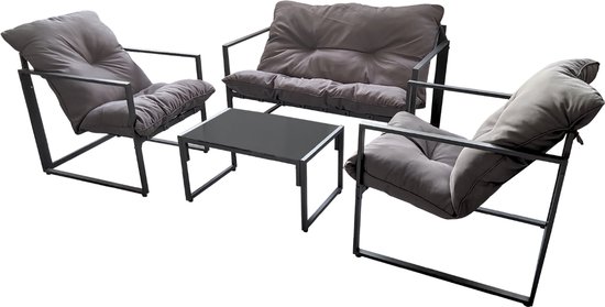 Budgetvriendelijke zitplekken creëren 3 O'DADDY® Loungeset - Tuinset - Tuinsets - Voor 4 Personen - Glazen Tafel - Inclusief Kussens - Tuinmeubelset - Tuin Set - Buitenmeubels - Donkergrijs Metaal