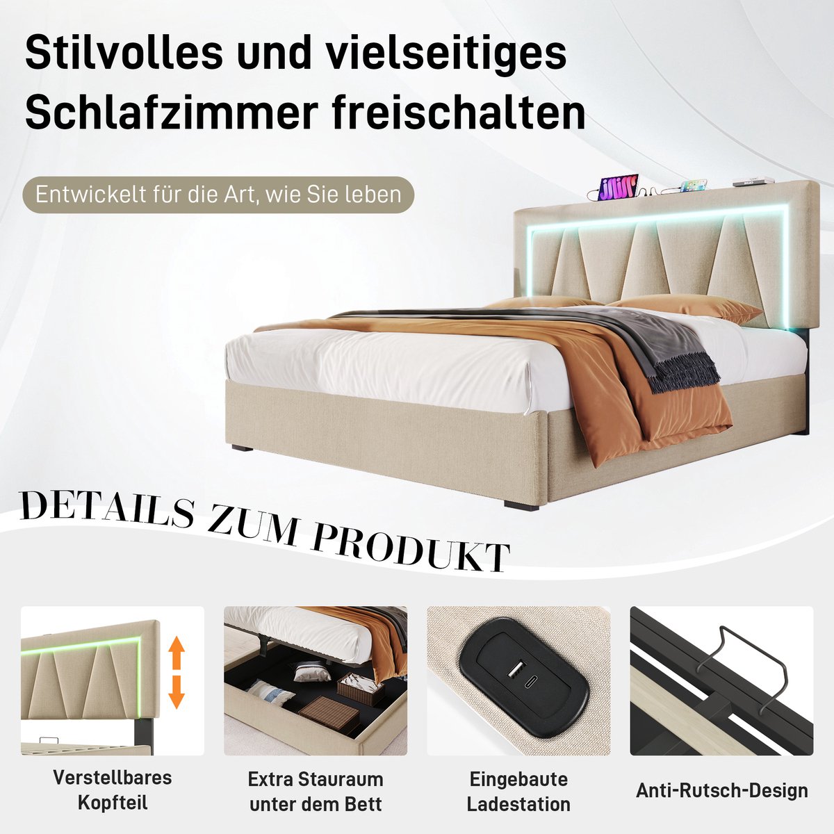 Dolamaní Boxspringbed, 160 x 200 cm, met bedlade, zonder matras, tienerbed, gestoffeerd bed, linnen stof, bed met opbergruimte, metalen bedframe, hoofdeinde met plank, beige