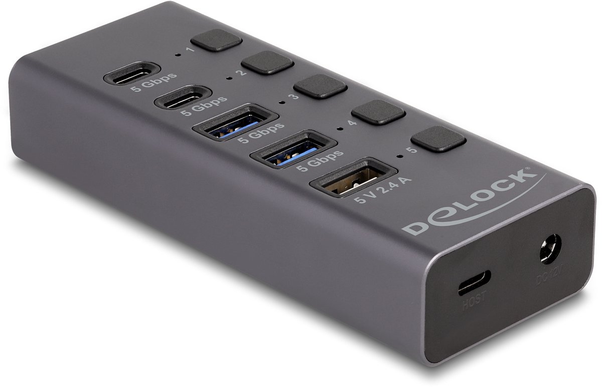 USB 5 Gbps Hub with 2 x USB Type-A and 2 x USB Type-C™ female and 1 x Fast Charging Port + Switch