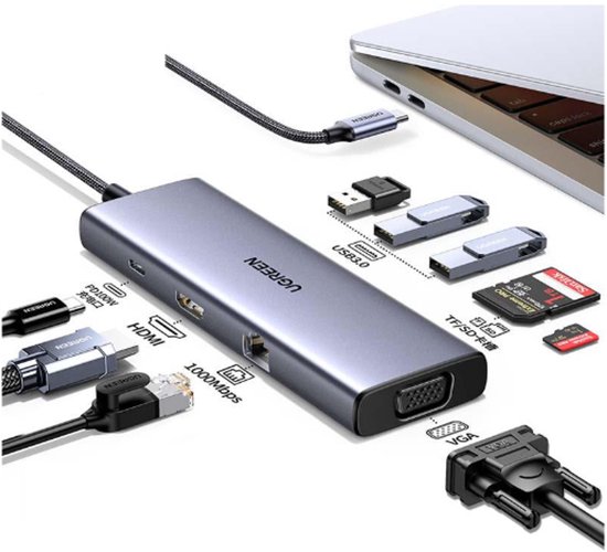 UGREEN 9-in-1 USB-C Hub met 4K HDMI, VGA, Gigabit Ethernet, USB 3.0, SD-kaartlezer, USB-C PD opladen
