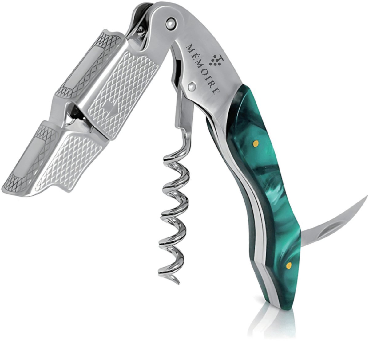 Mémoire® Couteau Sommelier Résine Groen - Kurkentrekker van Edelhars - 3 in 1 Sommelier mes met Flessenopener en Foliesnijder - Stijlvolle en Duurzame Wijnopener - Perfect voor Horeca en Thuis - Premium Kelnermes voor Wijnliefhebbers - Luxe Cadeau