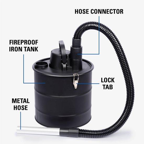 Gedetailleerd zicht op de zwarte metalen aszuiger met brandwerende tank en metalen slang.