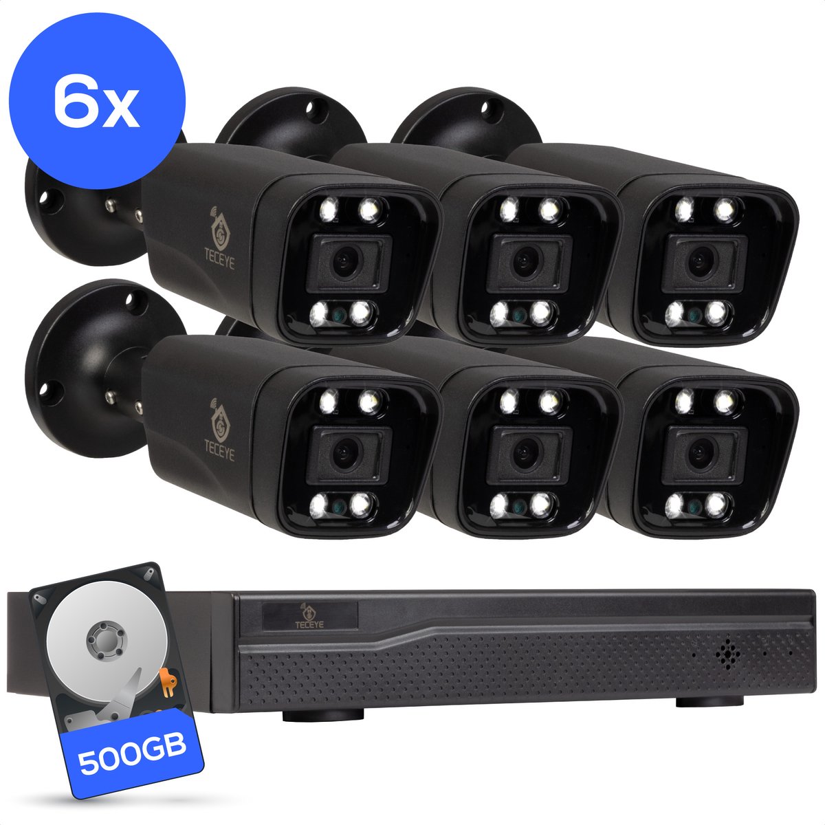 Teceye Compleet Camera Beveiliging Set met 6x POE Camera - Beveiligingscamera - Beveiligingscamera binnen - Beveiligingscamera buiten - CCTV Camera systeem - Beveiligingscamera set - Bewakingscamera set