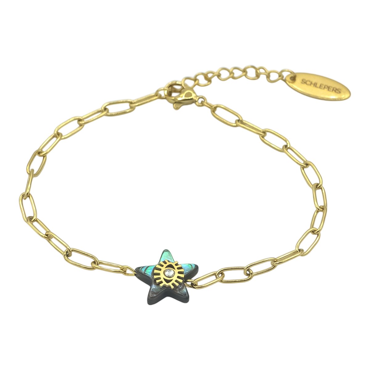 Goldplated Dames Armband met Ster Bedel - Schelp Zeeoor - Goudkleurige Schakelarmband verguld - 17 + 3 cm