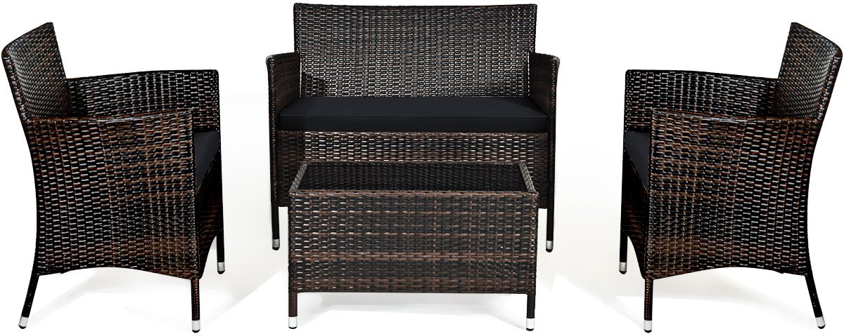 COSTWAY 4-delige tuinmeubelset, polyrotan balkonmeubelset met zitkussen, rotan zitgroep voor 4 personen, terrasmeubels, zitgroep voor tuin, terras, balkon