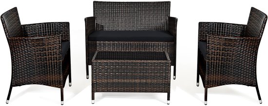 COSTWAY 3-delige polyrotan tuinmeubelset, 2 stoelen en 1 bijzettafel met glasplaat, rotan meubel, ruimtebesparend, tuinlounge, tuingarnituur, zitgroep, tuinset incl. zitkussen