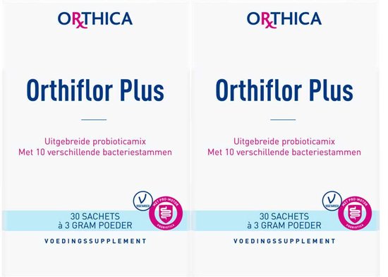 Twee verpakkingen Orthica Orthiflor Plus, elk met 'Uitgebreide probiotica mix', '30 SACHETS à 3 GRAM POEDER'.