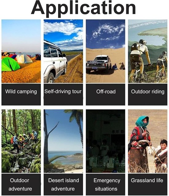 Zwarte, opvouwbare zonnepanelen in acht toepassingen: wildkamperen, self-drive tour, off-road, buitenrijden, buitenavontuur, woestijnavontuur, noodsituaties, graslandleven.