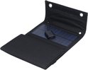 Een deels opengeklapt zwart 15W 5V USB zonnepaneel, met zichtbare zonnecellen en een USB-poort.