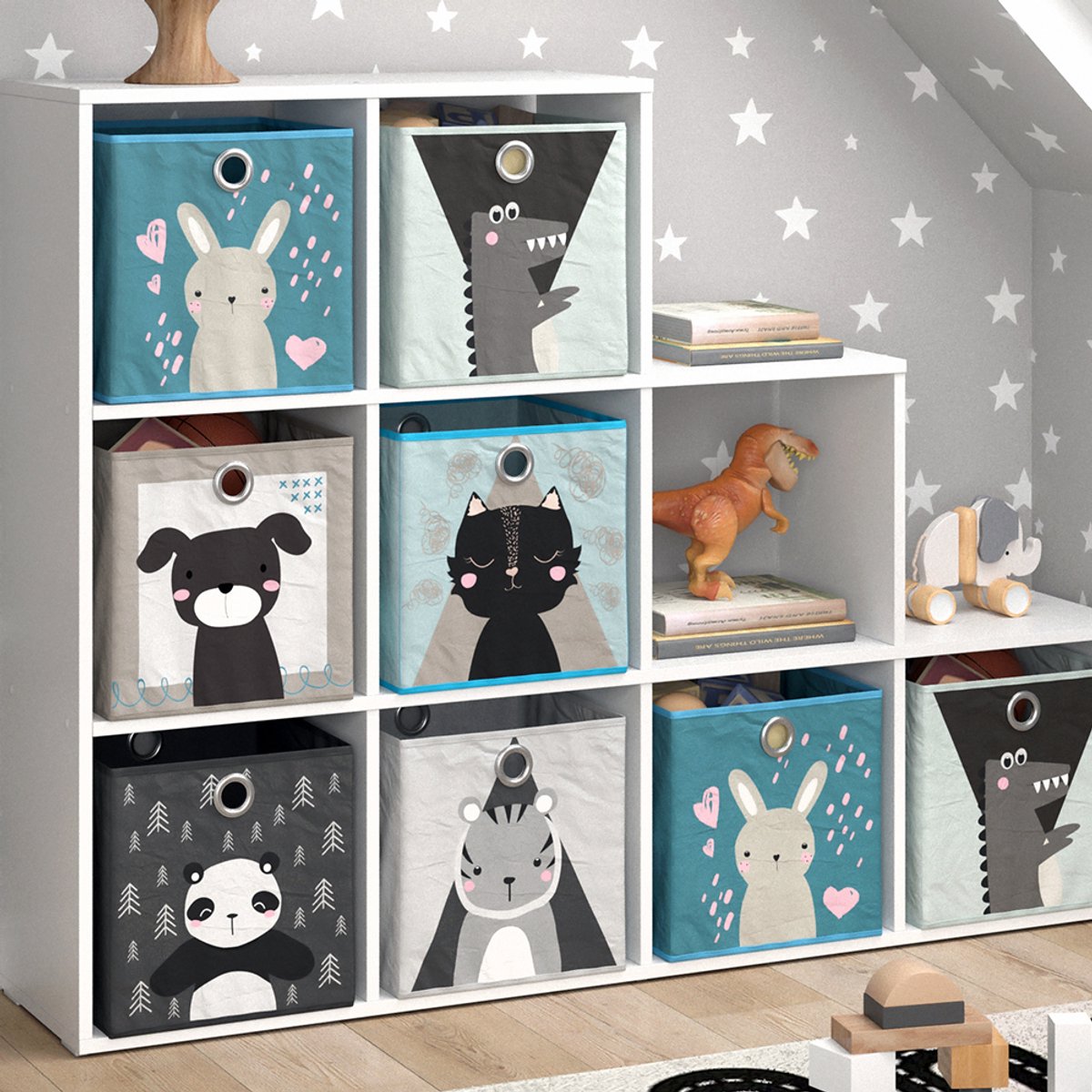 Vicco Kinderboekenkast – 142.4 x 107.8 cm met 8 vouwboxen Wit