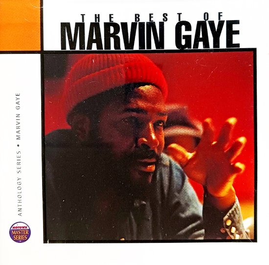 Marvin Gaye met rode muts en spijkerjas, gebarend met zijn hand. "THE BEST OF MARVIN GAYE" tekst bovenaan.