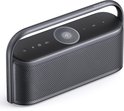 Zwarte Soundcore Motion X600 Bluetooth speaker met metalen handvat. De speaker heeft bedieningsknoppen en een rooster met het Soundcore logo.