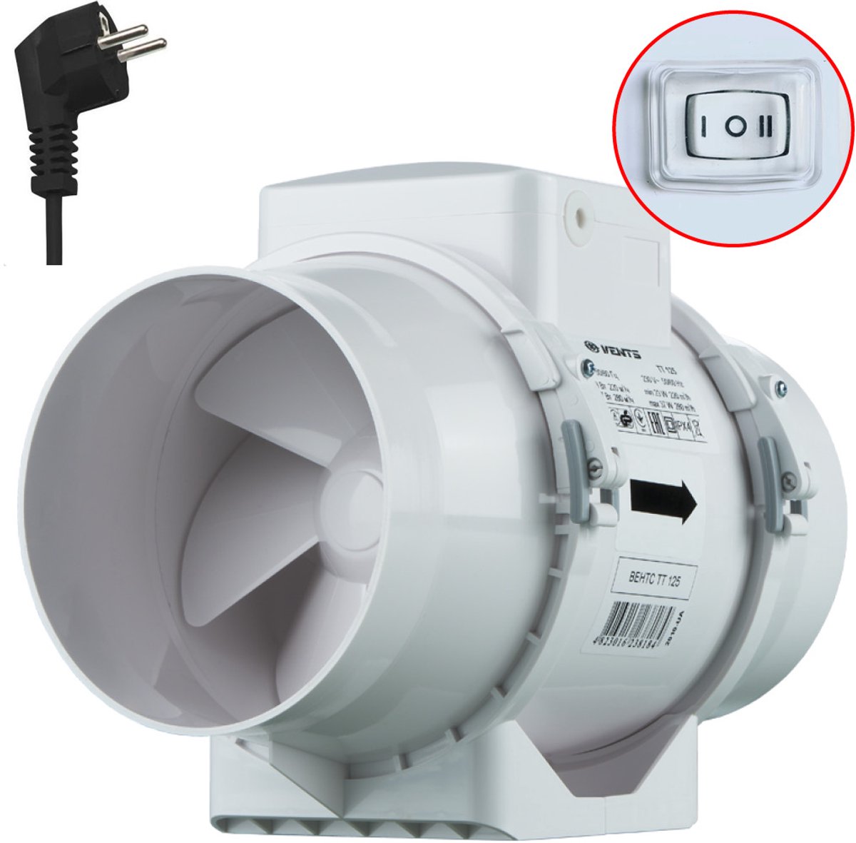 Vents TT buisventilator 125 mm - Met 2-standen schakelaar en stekker - 280 m³/h