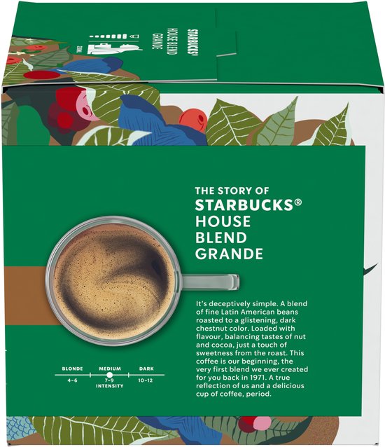 Doos Starbucks House Blend Grande koffie met afbeelding van een kop koffie en groene bladeren.