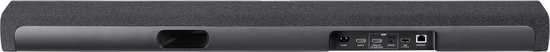 Achterkant van de zwarte Harman Kardon Enchant 900 soundbar met diverse aansluitingen.