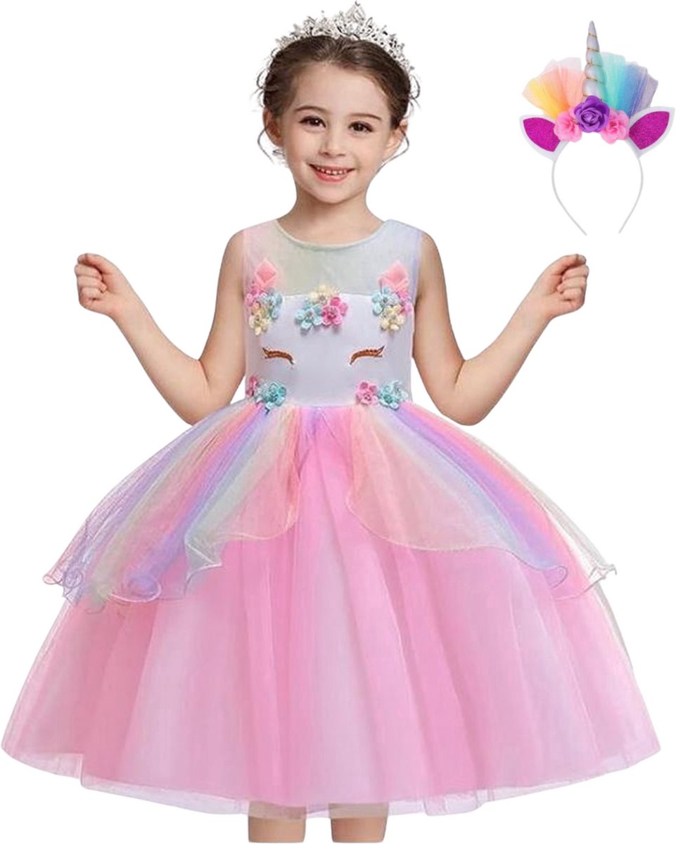 Joya Kids® Eenhoorn jurk | Unicorn Verkleedjurk | Regenboog Prinsessenjurk | Maat 122-128 (130) + Unicorn Haarband | Cadeau meisje
