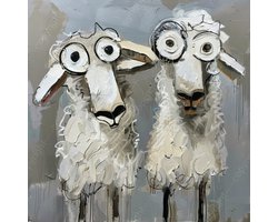K&C Art (Canvas schilderij) 100x100cm | Grappige gekke schapen - dier - wit - grijs - bruin - zwart - beige - modern - kunst | Woonkamer - slaapkamer - hal - kantoor | Foto schilderij print op canvas - wanddecoratie - muurdecoratie - wall art