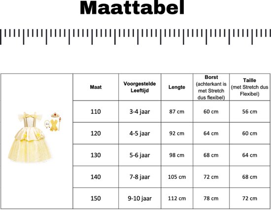 Robe Joya Beauty® Belle Dress Up | Princesse Robe | Déguisements La Belle et la Bête | Taille 104-110 (110) + couronne, bâton, Gants, collier, Ring et boucles d' Boucles d'oreilles GRATUITS