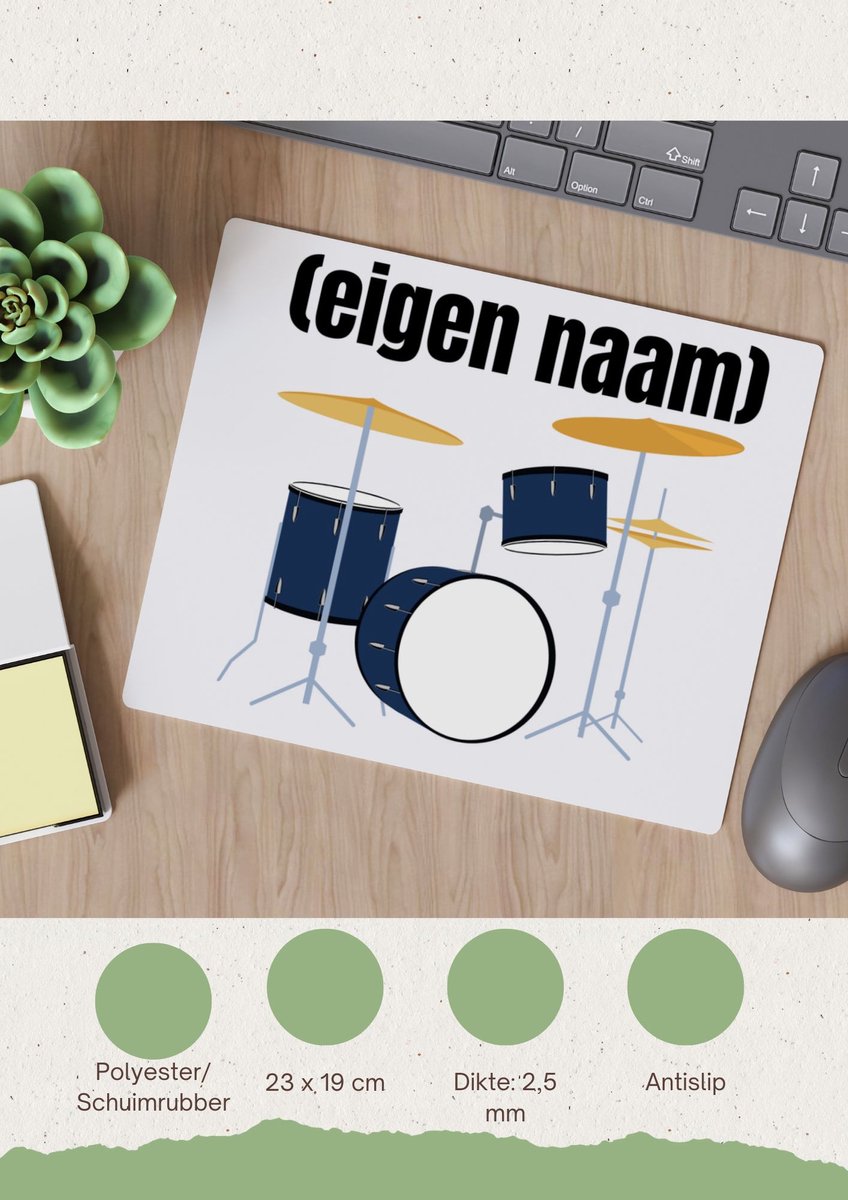 Image of Akyol - drumstel met eigen naam Muismat - Drummen - muziek liefhebbers - drummers - verjaardag - cadeau - kado - - 23 bij 19 cm