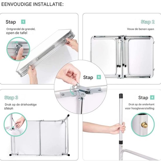 Picknick Klaptafel Vareo - 90cm - Aluminium Opvouwbaar en Draagbaar - In Hoogte Verstelbaar Lichtgewicht voor Camping en Barbecue, 90x60x37/67cm — afbeelding 5