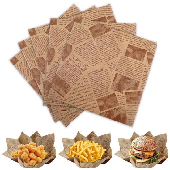 100 vellen - Gewaxt Deli-papier - Sandwich-inpakpapier Hamburgerpapier - 6 x 6 inch Oud krantenpapier Vetvrij Deli-papier voor het bakken (bruin)
