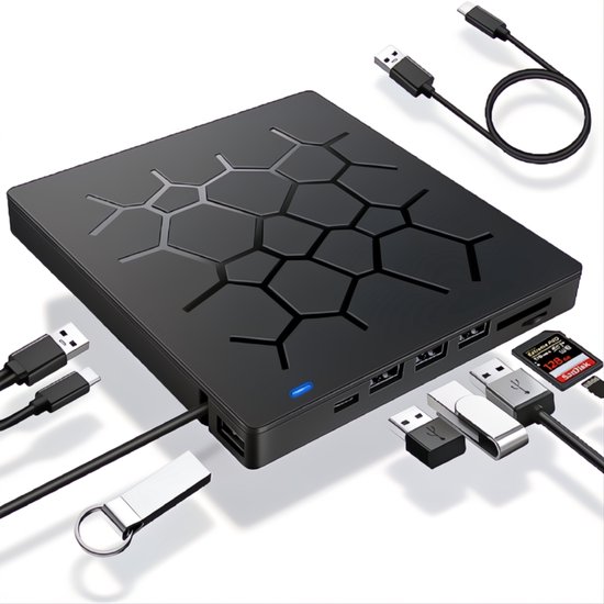 7-in-1 Externe DVD / CD Speler en Brander voor Laptop - geschikt voor windows 9/10/11, linux os, mac os - USB-A3.0 USBC - SD/TF (Micro SD) Kaartlezer