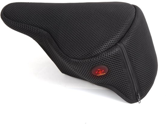 Zwarte verwarmbare fietszadelhoes van mesh stof met een rits aan de zijkant en een rood verwarmingslampje.