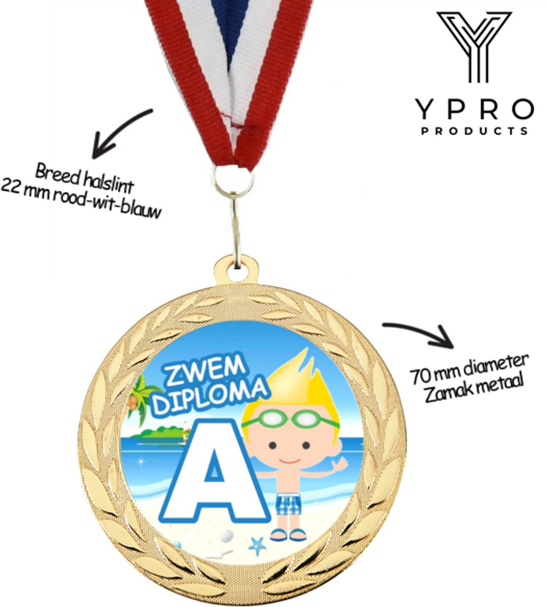 Zwemdiploma A Medaille voor Kinderen - Jongens - Goud - 70 mm - inclusief halslint