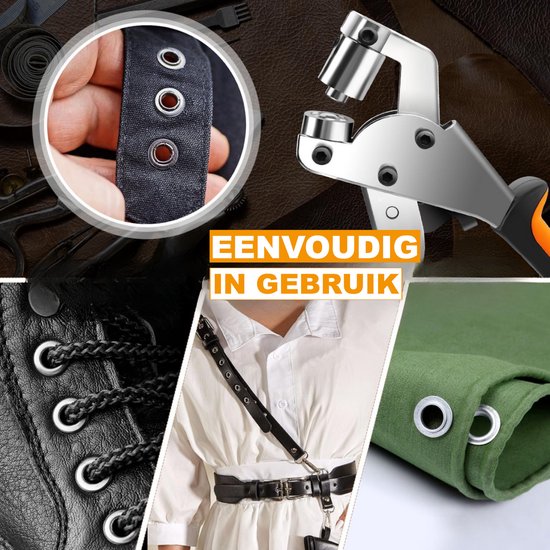 Collage: Leren schoenen met ringen, zoom van donkere stof, riem met ringen, grommettang, groen zeildoek.