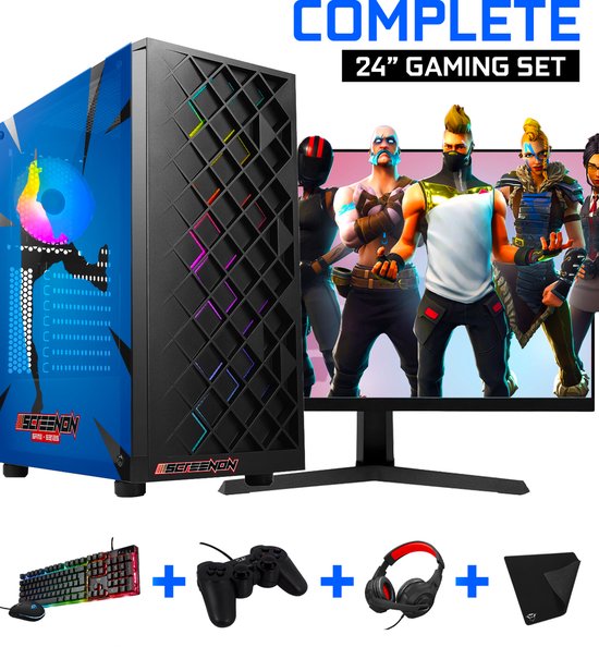ScreenON - Complete Fortnite Gaming PC Set - X10899 - V1 ( Game PC X10899 + 24 Inch Monitor + Toetsenbord + Muis + Controller )