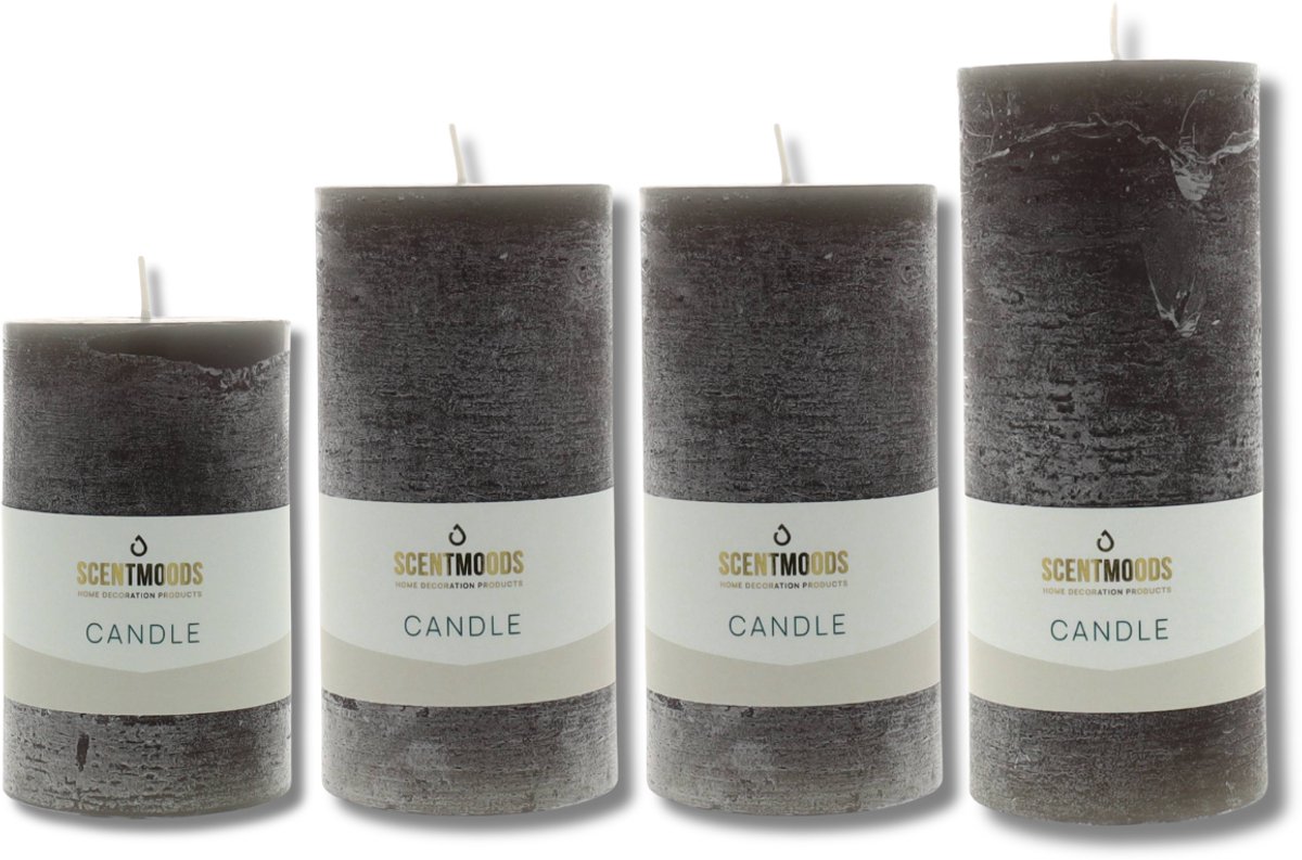 Scentmoods Rustieke Kaars Set Zwart – Set van 4 Stompkaars en Dinerkaars met een Chique Uitstraling