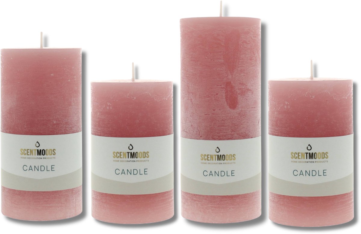 Scentmoods Rustieke Kaars Set Koraal – Set van 4 Warme Stompkaars en Dinerkaars in Zachte Roodtinten