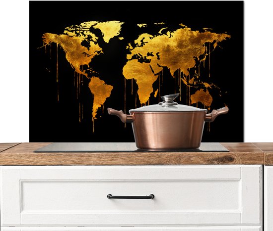 Crédence de Cuisinière en Aluminium 90x60 cm - Carte du monde - or - goutte à goutte - noir - Écran Pare-éclaboussures pour Plaque de Cuisson - Protection Murale