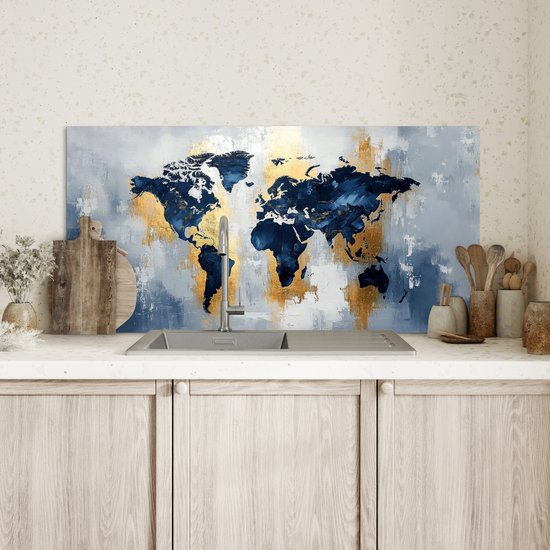 Crédence de Cuisinière en Aluminium 80x40 cm - Carte du monde - Bleu - Abstrait - Écran Pare-éclaboussures pour Plaque de Cuisson - Protection Murale