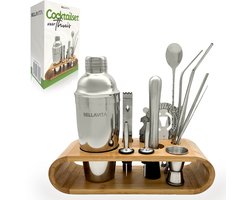 BELLAVITA ® Cocktail Set - 16-delig - 750ml - Cocktail shaker - Cocktailset - Cocktailshaker - Bartender set - Maatbeker - RVS - Bamboe Image